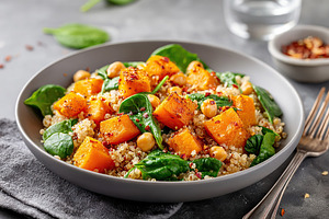 Delicious roasted butternut squash and quinoa salad with fresh spinach served o, a Photo by AlyaAnd
