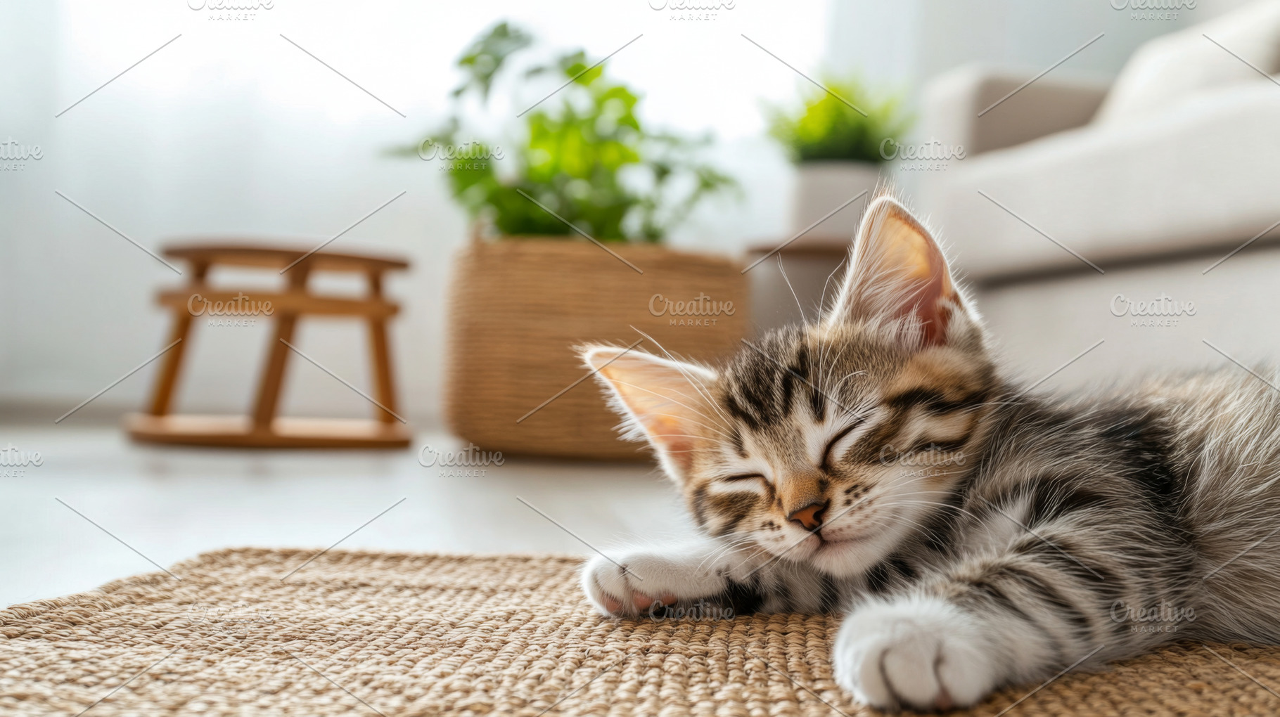 Kitten sleeping peacefully on textur, a Photo by Dvoevnore photos