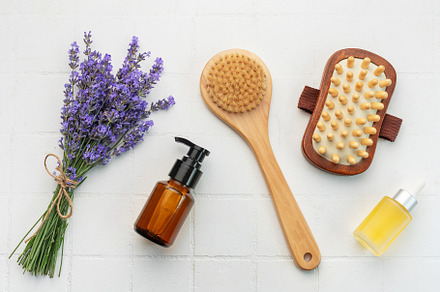 Lavender spa. Lavender salt, natural essential oil, massage brus, a Health & Medical Photo by Olena Rudo