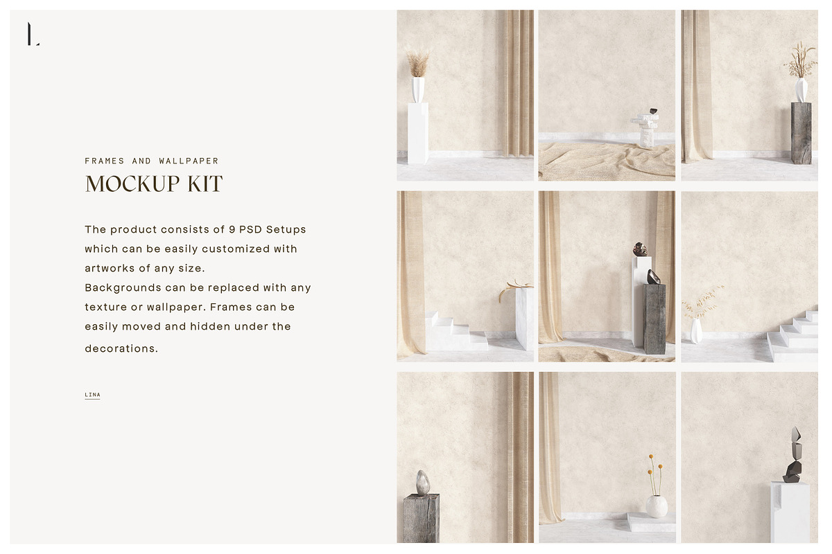 Lina Frames & Wallpaper Mockup Kit, a Print Template by LINII (Photo 2 of 7)