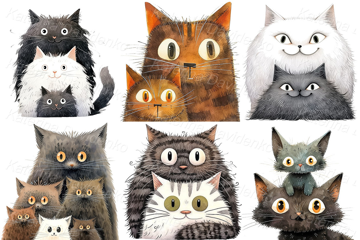 Watercolor cartoon funny cats PNG, an Animal Illustration by Bubert Art