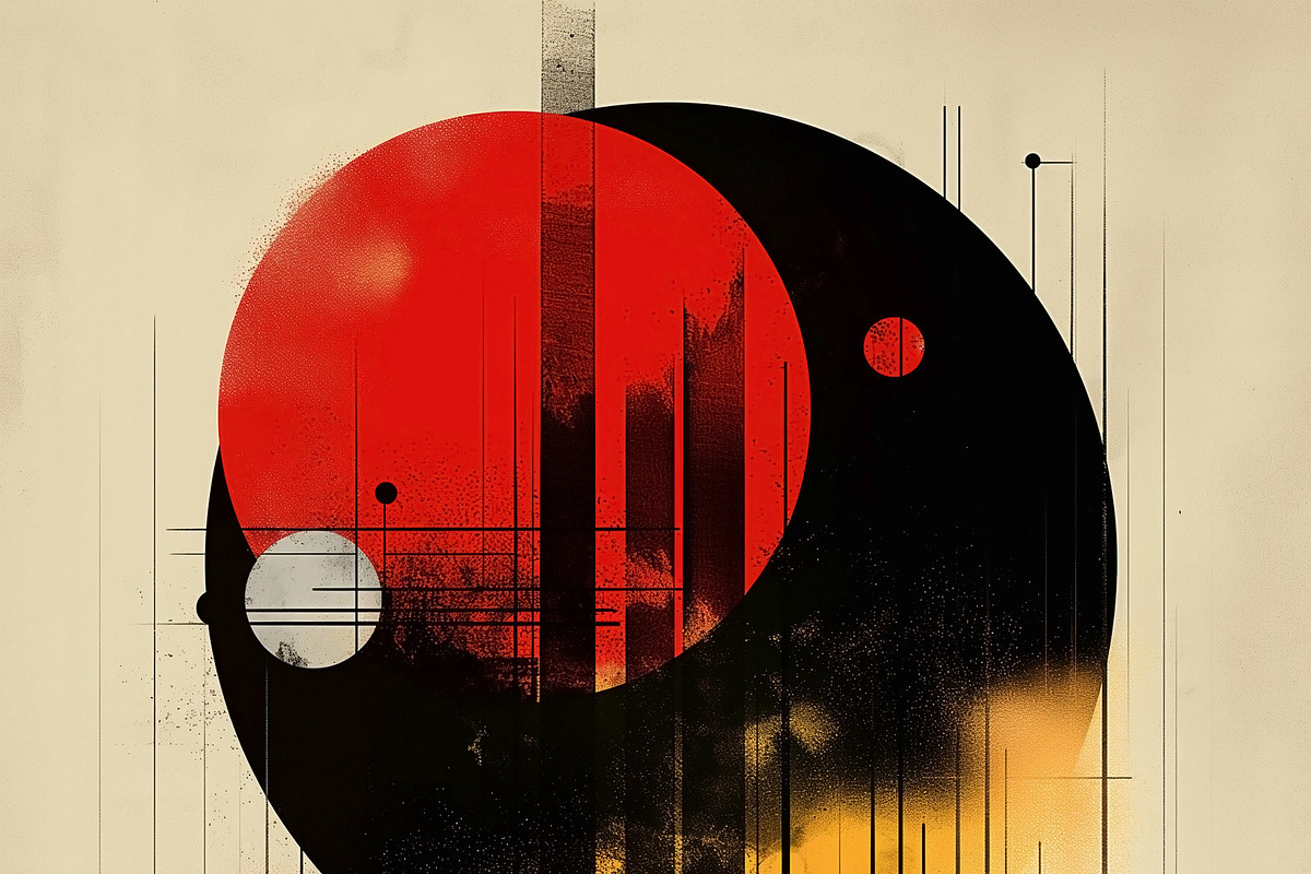 A striking abstract design featuring bold red and black circles, a Decorative Illustration by ImageMir