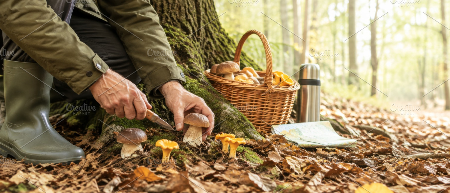 Wild mushroom picking in autumn fore, a Photo by Dvoevnore photos
