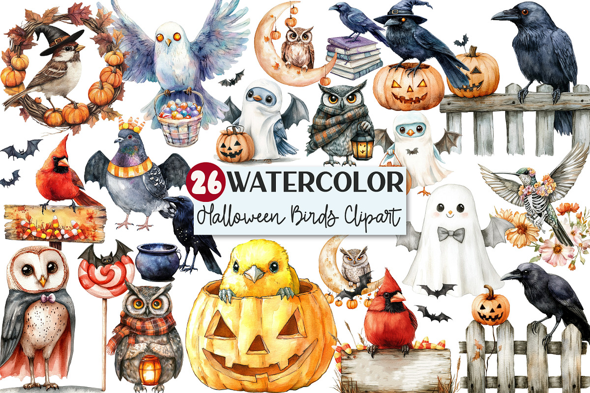 Halloween Birds Watercolor Clipart, an Illustration by Rose Art (Photo 1 of 7)