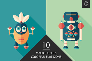 Magic robots flat square icon set