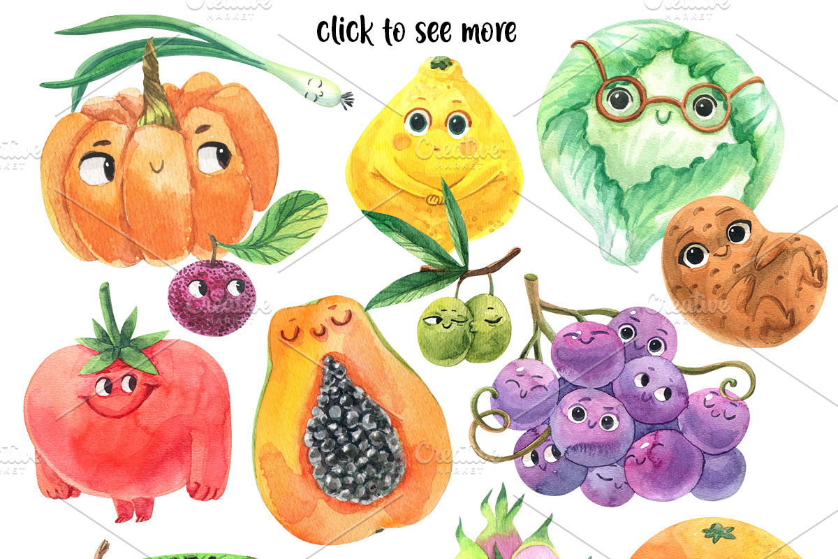 Watercolor Cute FRUIT and VEGETABLES, a Food Illustration by KatBranchArt (Photo 2 of 6)