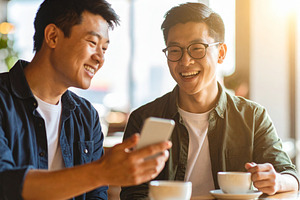 Smiling men sharing phone moment at coffee shop, a Person Photo by DanFLCreativo