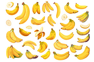 Cartoon banana set. Yellow whole cut, a Food Illustration by Stock-Smart-Start