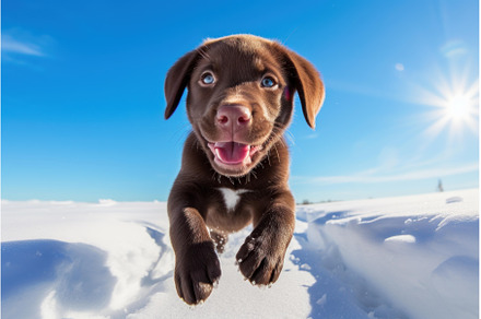 Chocolate labrador puppy jumping in, an Animal Photo by Ylivdesign