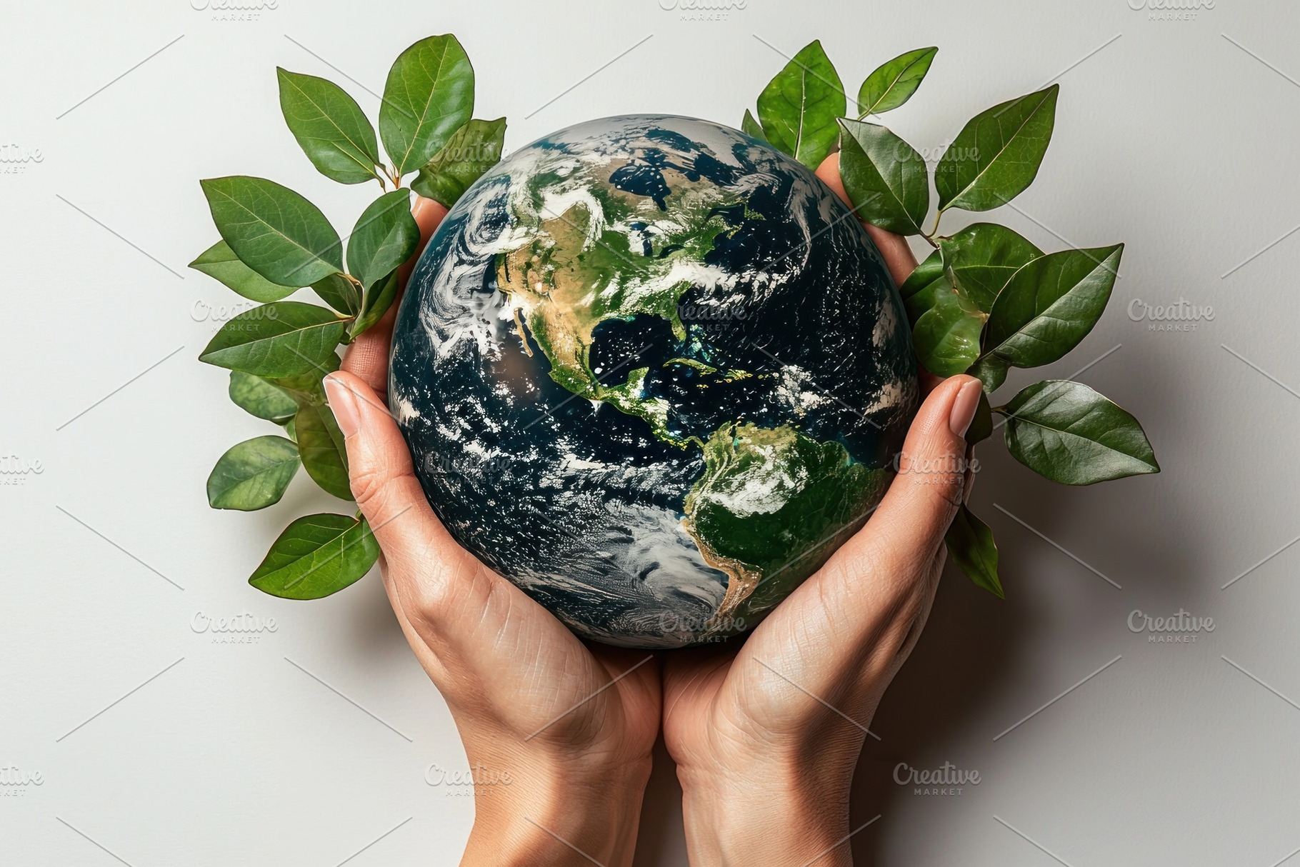 Hands holding Earth with green leaves symbolizing environmental, a Food & Drink Photo by José Manuel Gelpi
