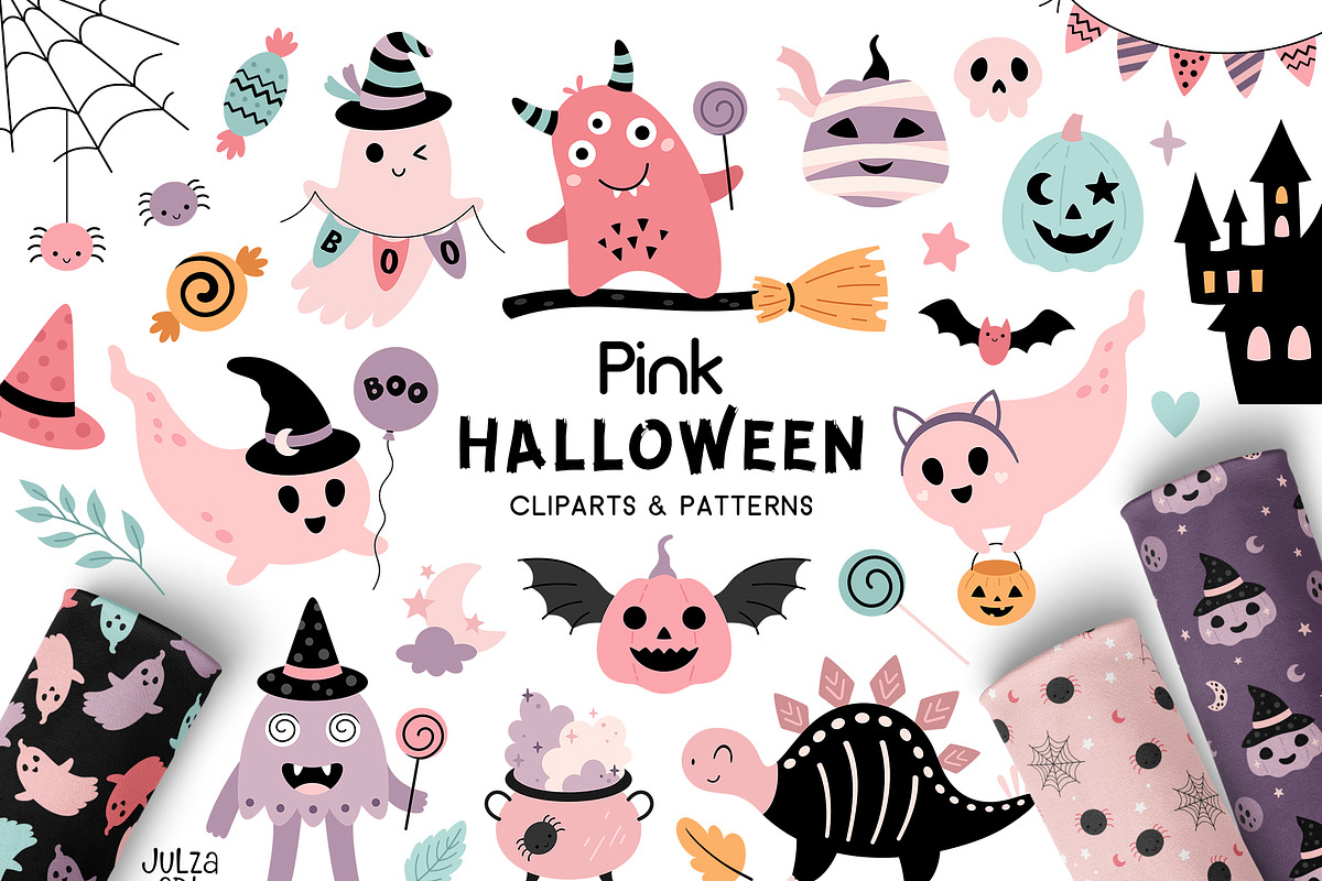 Pink Halloween clipart & patterns, a Seasonal Illustration by JulzaArt (Photo 1 of 14)