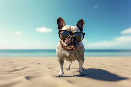 Bulldog dog sitting on the sand at, an Animal Photo by huertas19