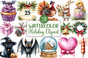 Watercolor Holiday Clipart Bundle, an Illustration by Craft Nest (Thumbnail 1 of 6)