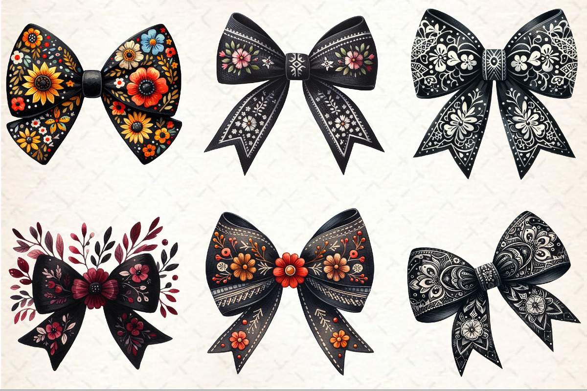 Folk Art Black Bow Flowers Clipart, an Illustration by Rose Art (Photo 3 of 4)