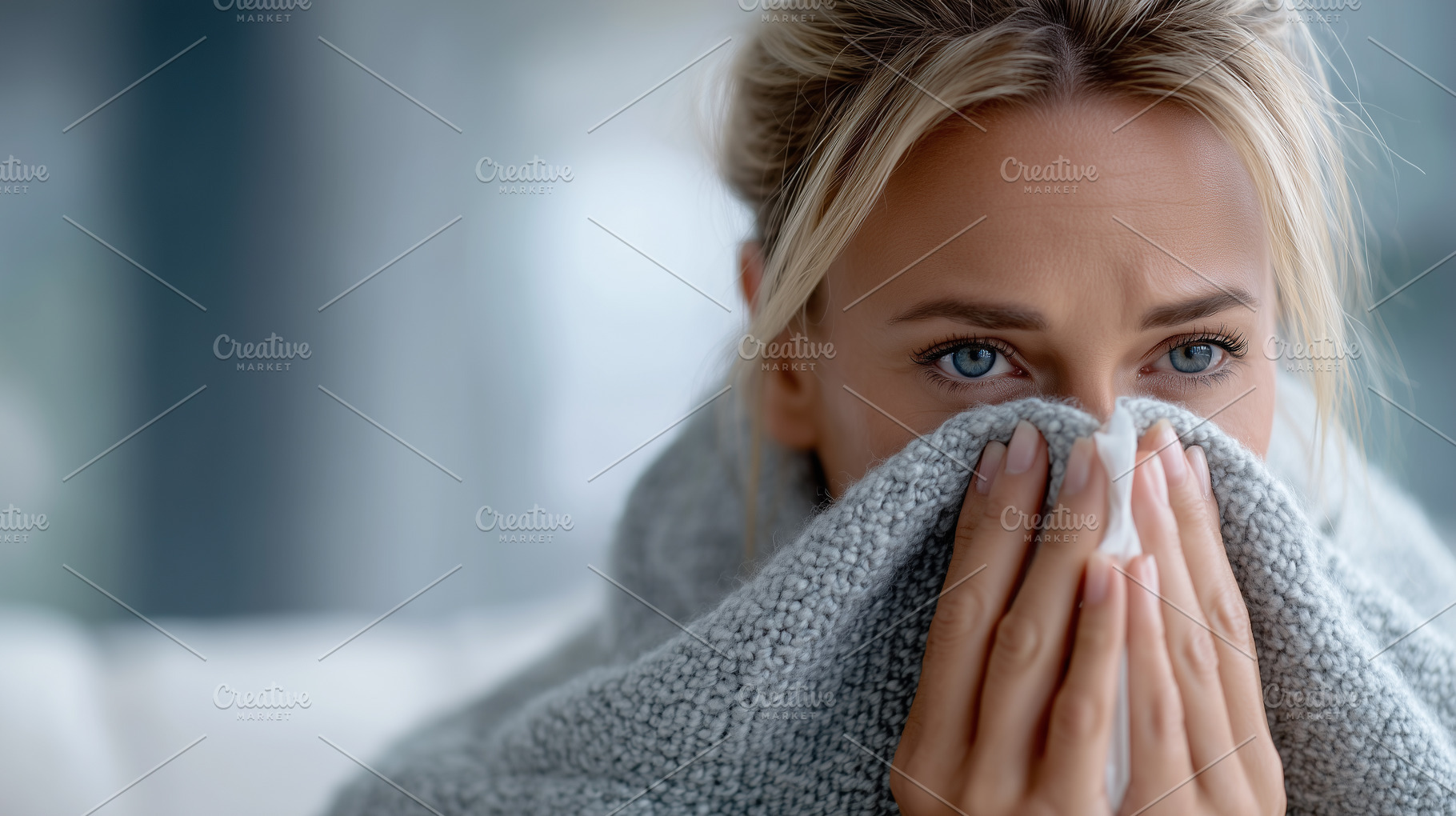 Woman wrapped in a gray blanket hold, a Health & Medical Photo by MistyDay