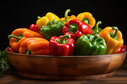 Bell peppers in a wooden bowl, featuring red, yellow, green, and orange colors,, a Food & Drink Photo by Textures & Backgrounds