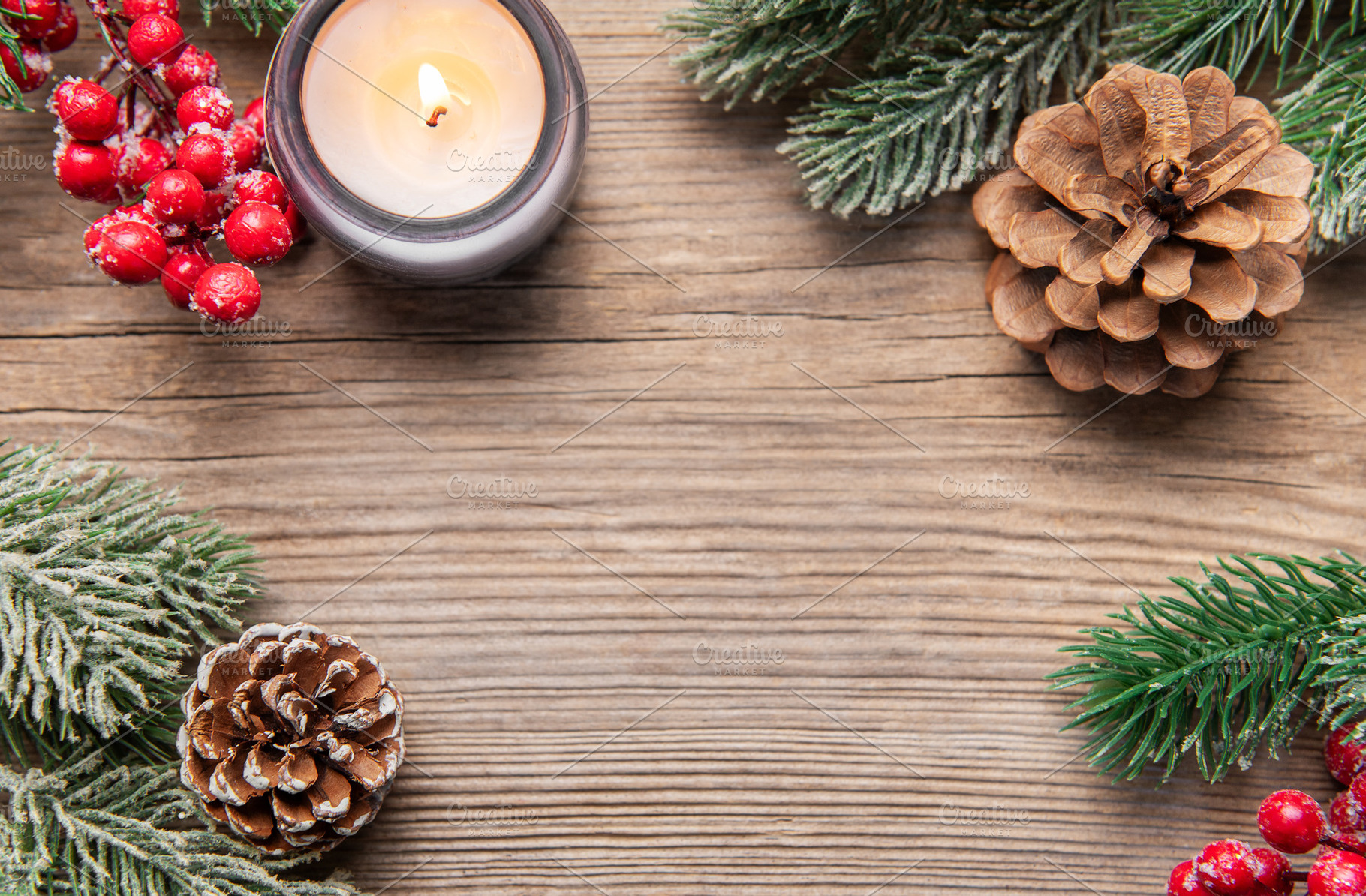 Christmas holidays border on rustic wood background, a Holiday Photo by Olena Rudo