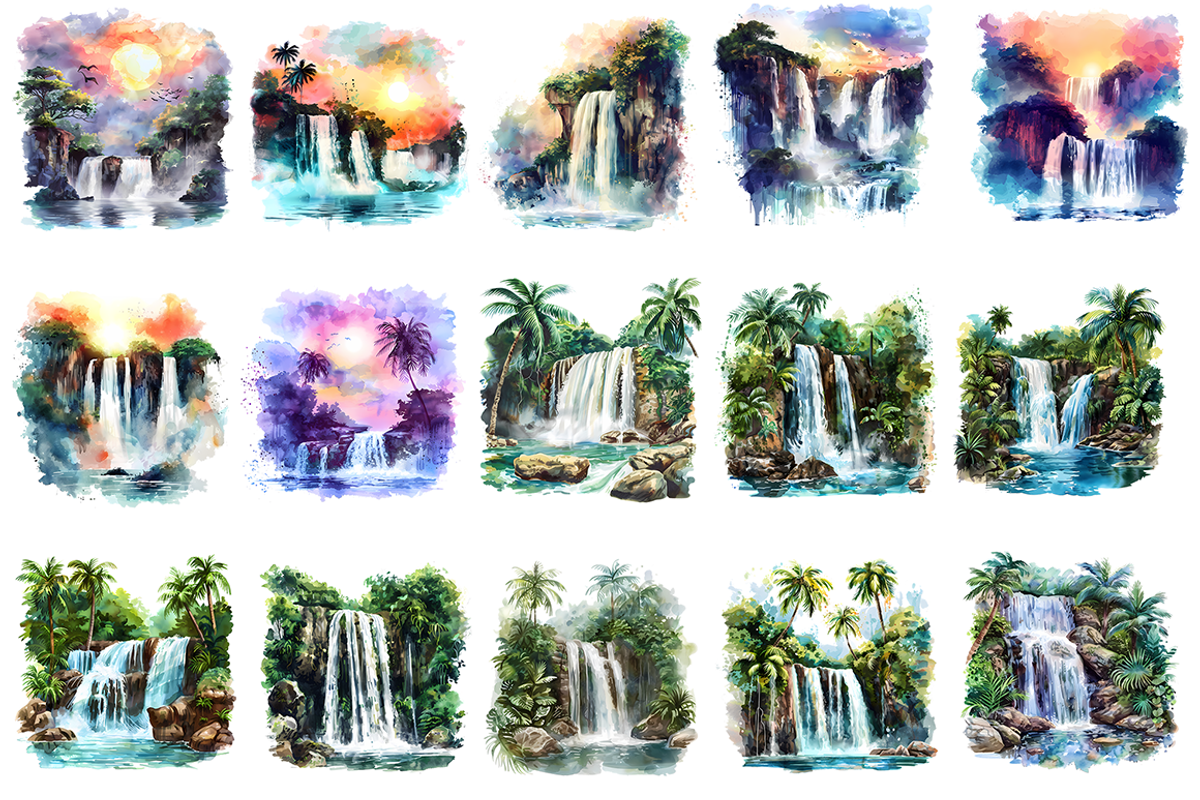 Watercolor Waterfalls Clipart, a Decorative Illustration by stickermadness (Photo 2 of 3)