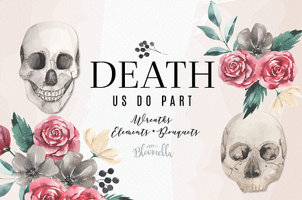 Skull Watercolor Roses Clipart