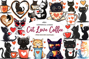 Cat Silhouette Love Coffee Clipart, an Illustration by CreationArt