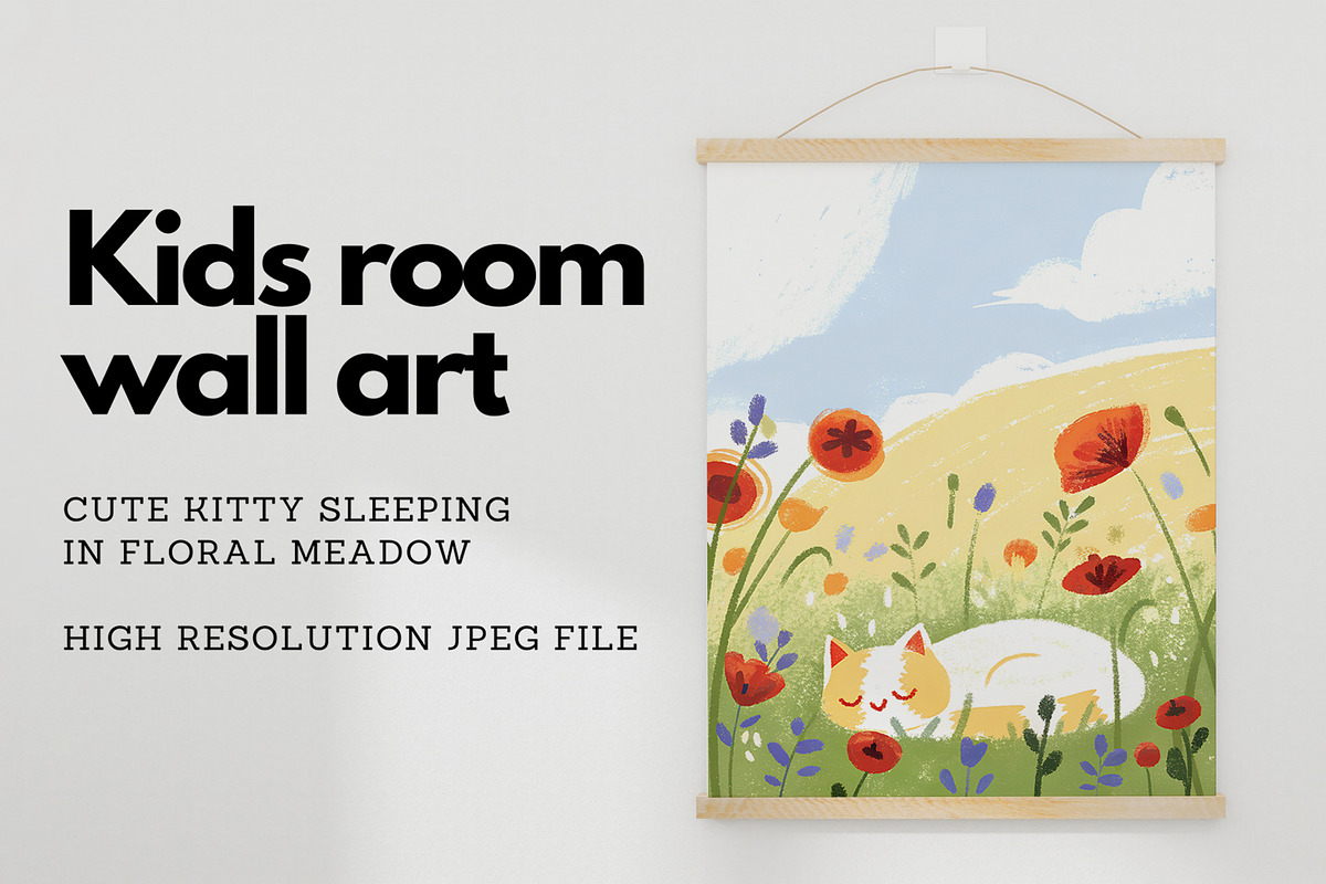 Cute Sleepy Kitty Kids Wall Art, an Animal Illustration by Helga Wigandt (Photo 1 of 3)