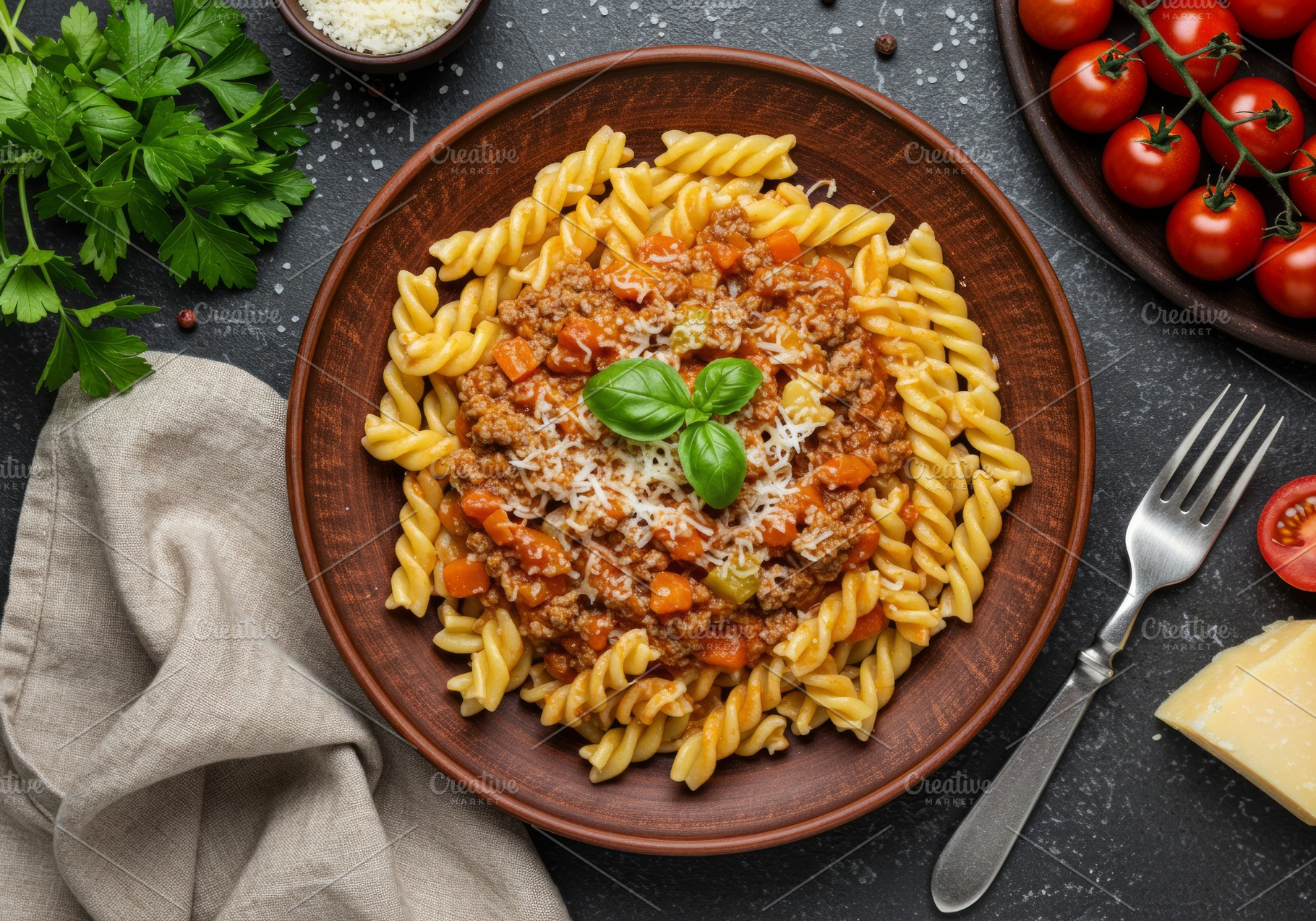 Fusilli pasta with Bolognese sauce,, a Food & Drink Photo by professorinc