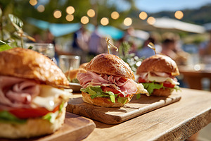 Mouthwatering sandwiches with melted cheese and ham served at a sunny outdoor g, a Food & Drink Photo by AlyaAnd