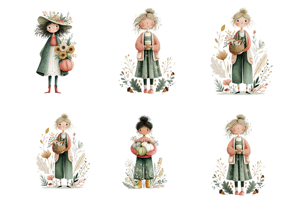 Whimsical Fall Autumn Girls Clipart, a Seasonal Illustration by DreamArtGraphic (Photo 3 of 5)