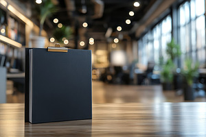 A black clipboard stands on a wooden desk, set against a blurred background of, a Background Photo by ImageMir