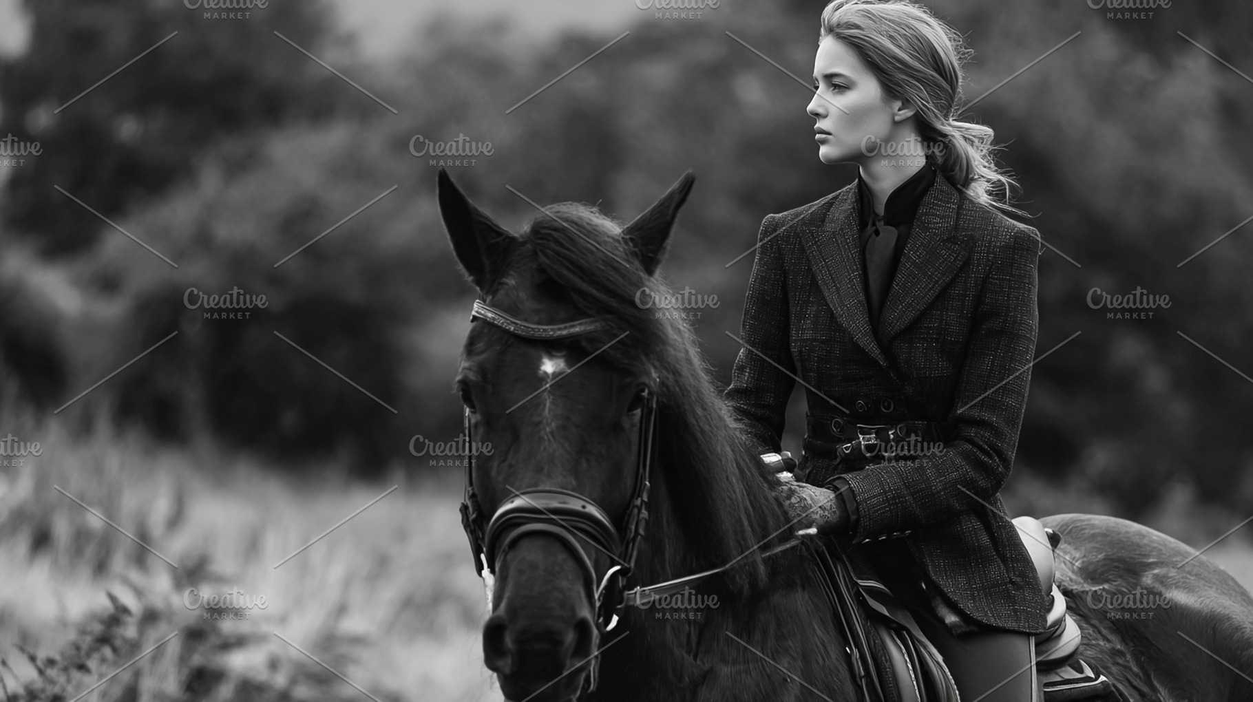 Equestrian woman riding horse in countryside, looking forward wi, a Photo by Studio ANNA