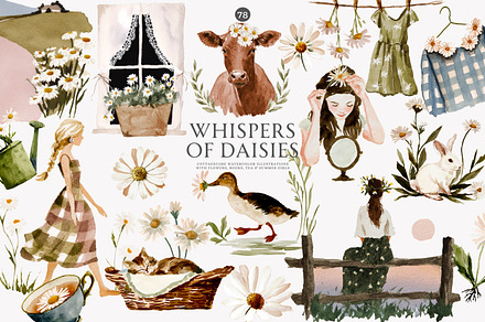 daisy flowers cottagecore girl set, a Decorative Illustration by Patishop Art