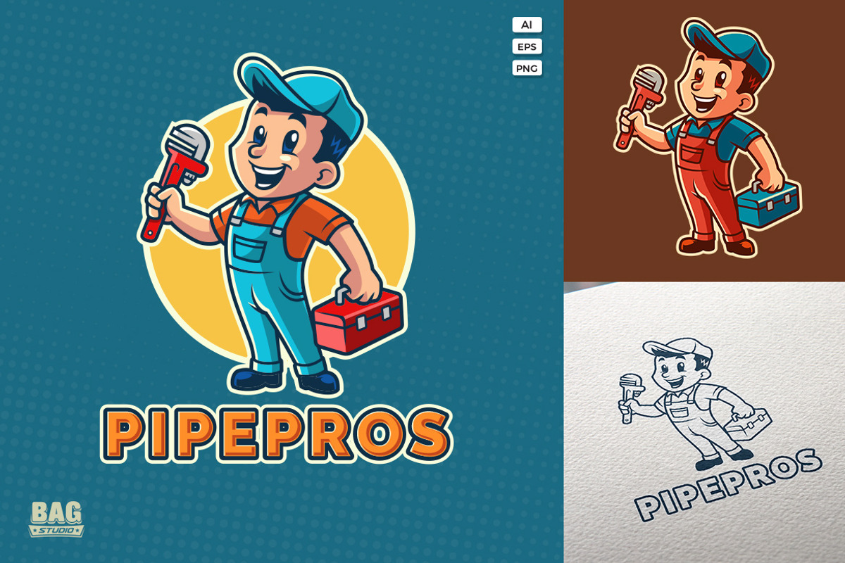 Happy Plumber Mascot Logo, a Branding & Logo Template by Bagstudio Shop
