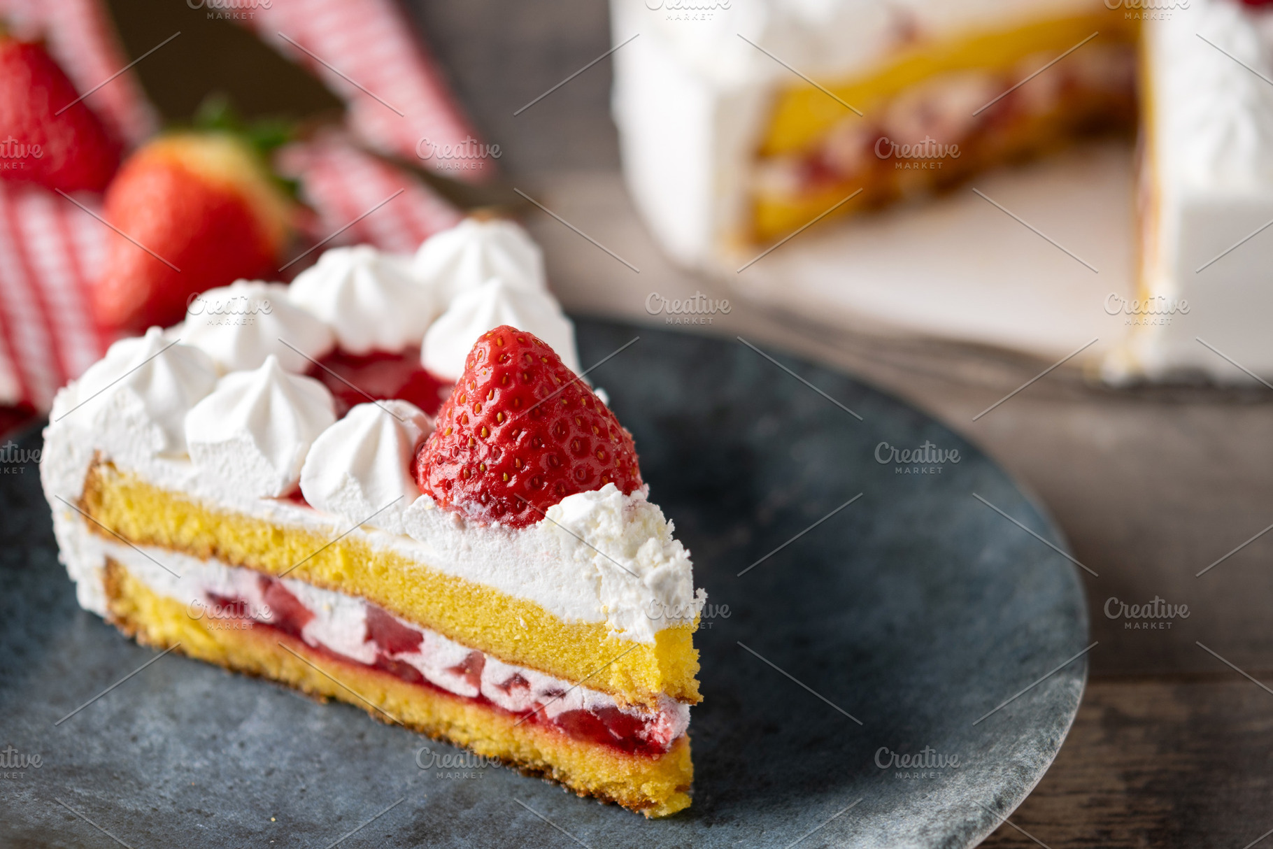 Slice of strawberry cake with fresh strawberries, a Food & Drink Photo by etorres69