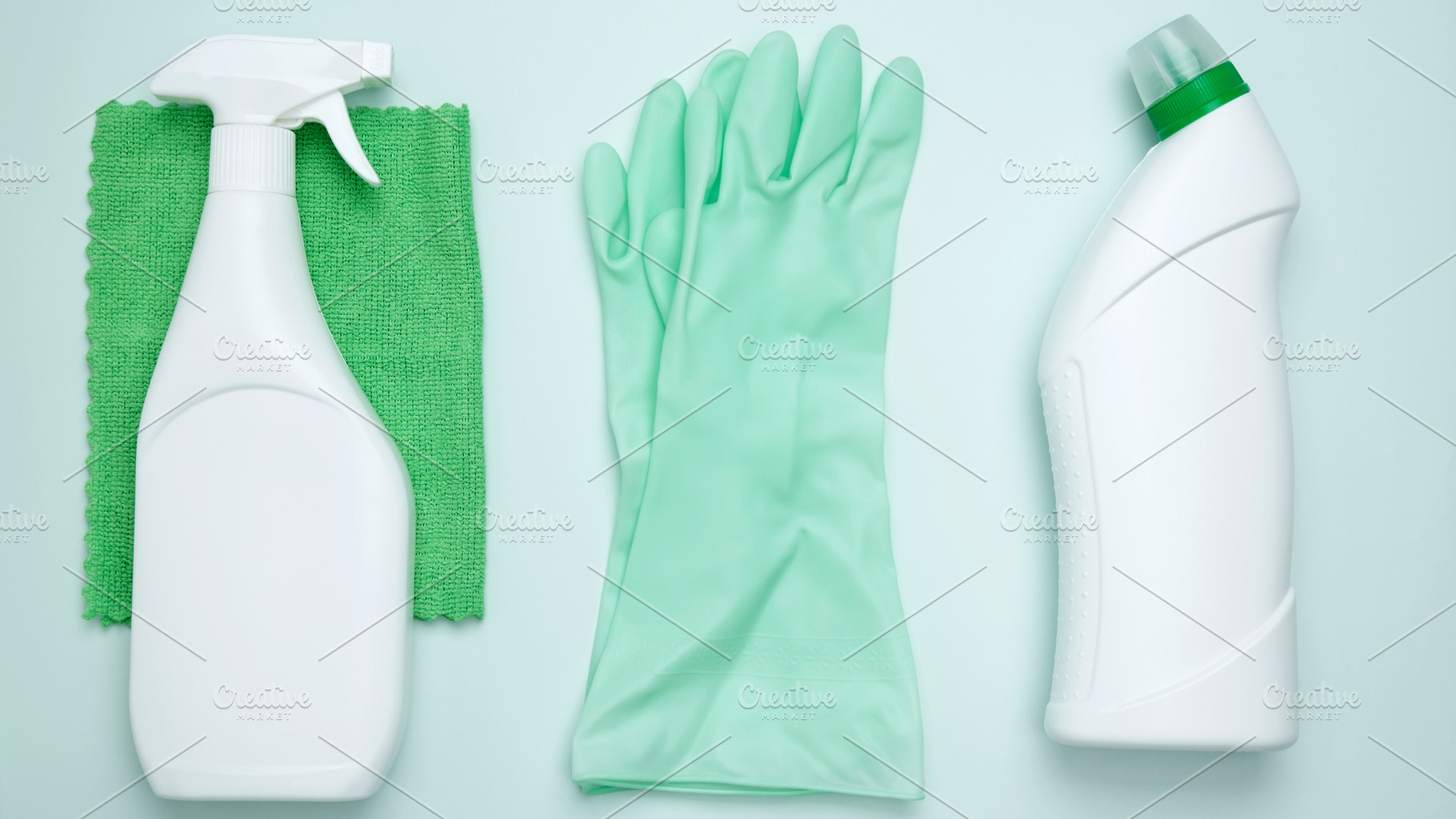 Concept of cleanliness and hygiene. Cleaning supplies and tools, including bott, a Photo by matucha