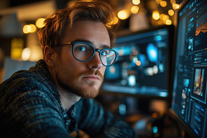 A young man systems engineer with glasses sits in front of multiple computer sc, a Person Photo by Textures & Backgrounds