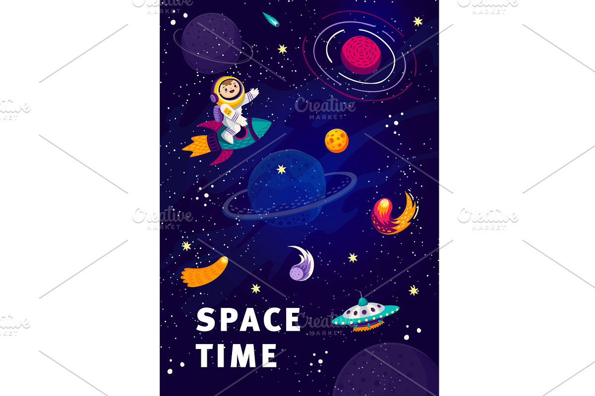 Cartoon spaceman on rocket, an Illustration by Vector Tradition