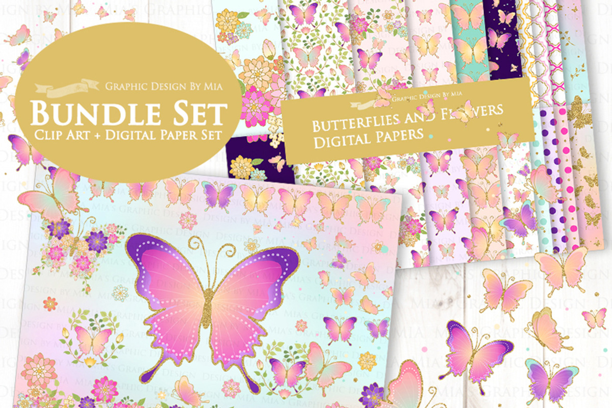 Butterflies and Flowers Gold Glitter, an Illustration by Mia's Graphic Design (Photo 3 of 11)