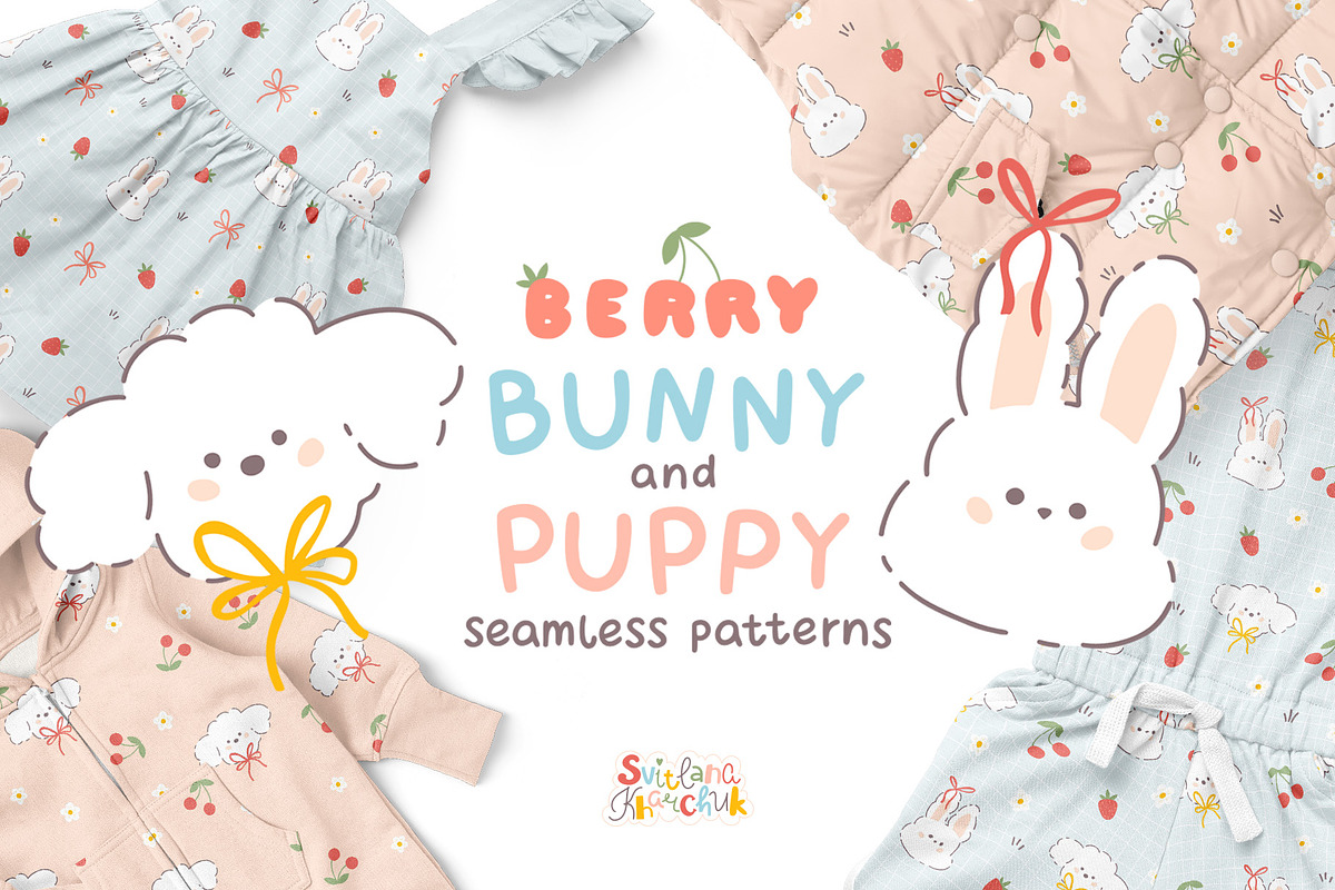 Berry Bunny Puppy Seamless Patterns, a Pattern Graphic by Svitlana Kharchuk (Photo 1 of 11)