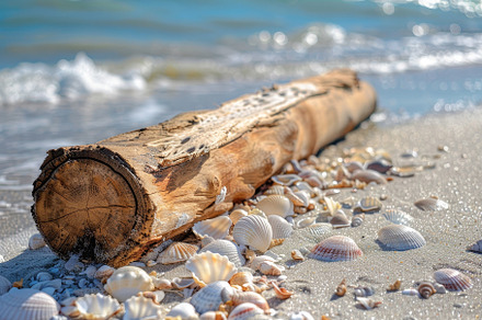 A rustic driftwood log lies on a bea, a Photo by Tanuart