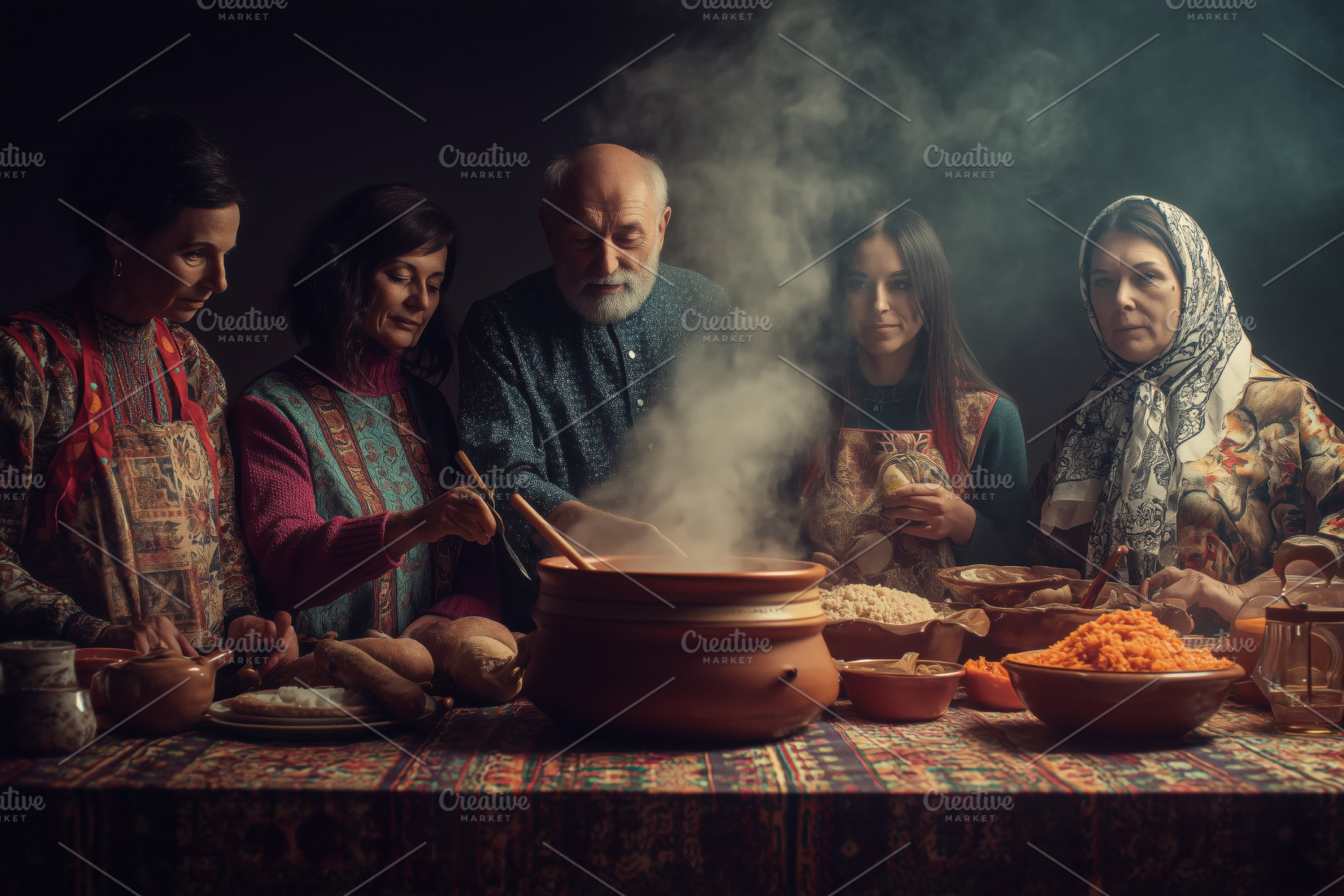 A group of five people, including an elderly man and four women, gathered aroun, a Person Photo by Textures & Backgrounds