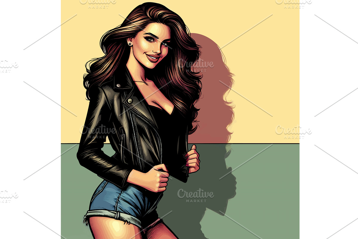 Stylish Woman in Leather Jacket and, a Person Illustration by AlexArt