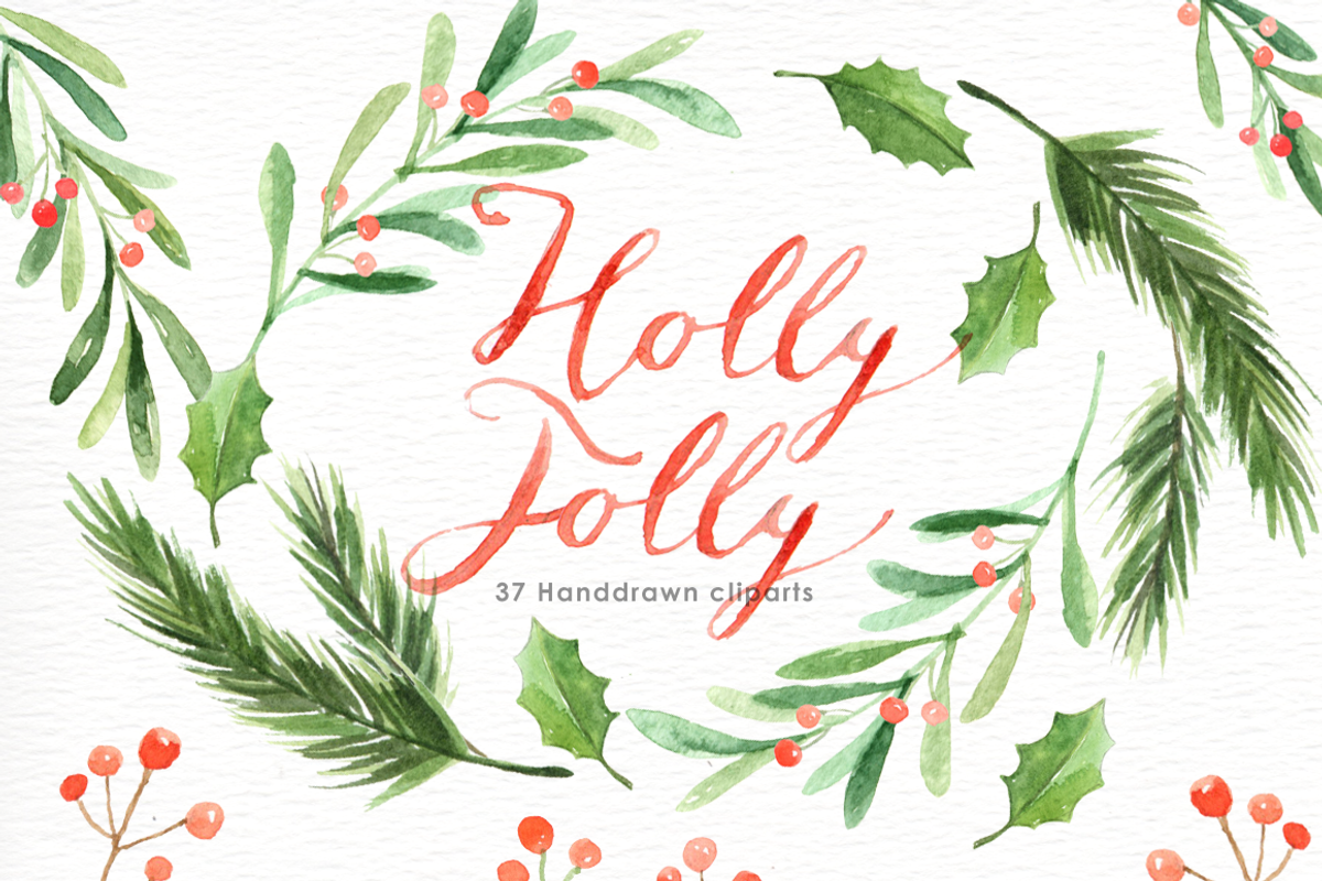Holly Jolly Watercolor cliparts, a Decorative Illustration by everysunsun (Photo 1 of 5)
