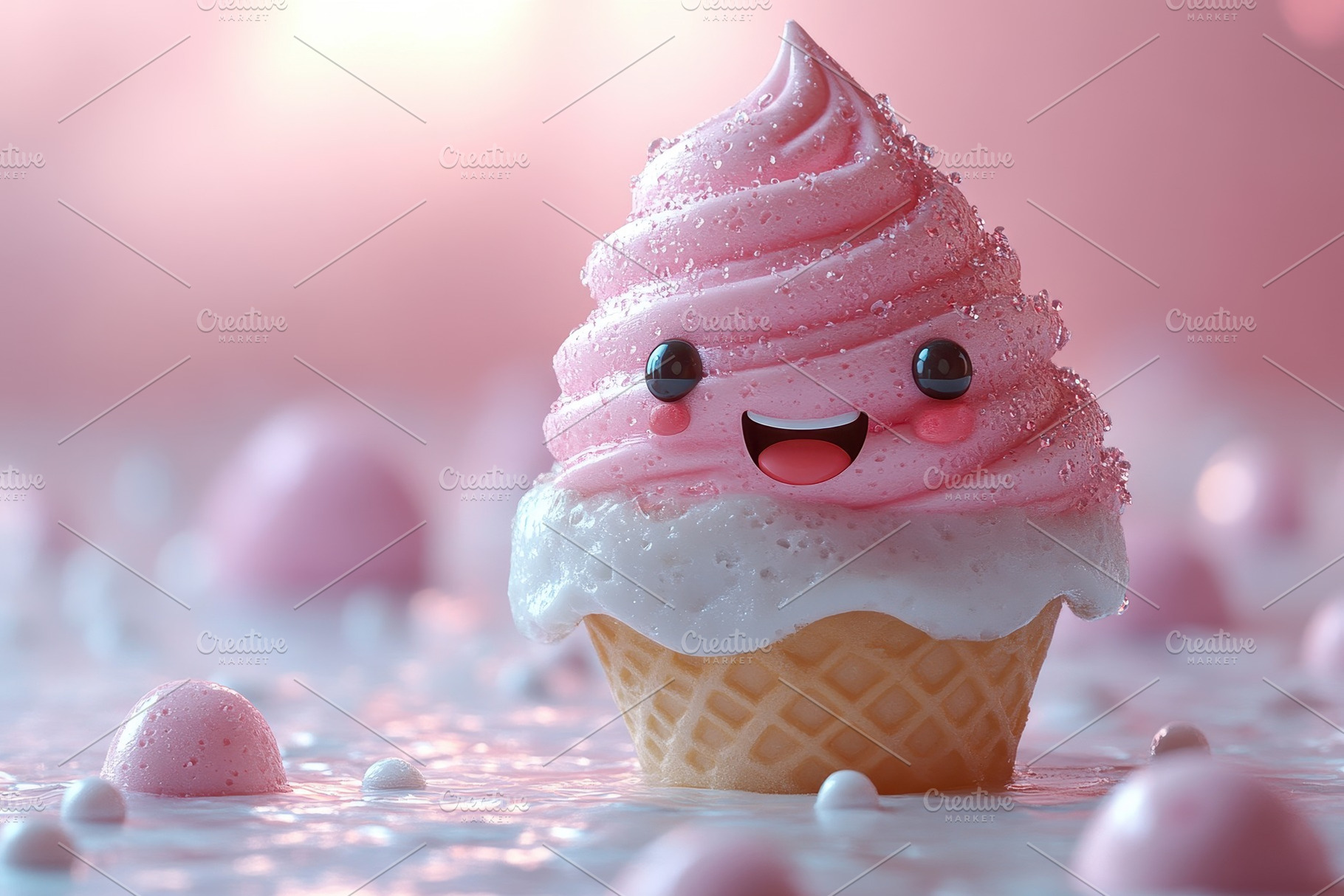 Smiling pink ice cream cone surround, a Photo by Tanuart