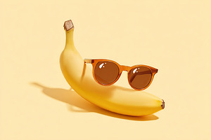 Banana wearing sunglasses poses cheerfully against a bright yellow background, a Food & Drink Photo by AlyaAnd