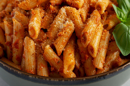 Homemade Tomato Pesto Pasta with Cheese and Basil in a Bowl, sid, a Food & Drink Photo by LiudmylaChuhunova