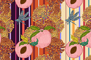 Peach, Chrysanthemum and Dragonfly, a Pattern Graphic by NayaChu (Thumbnail 1 of 9)