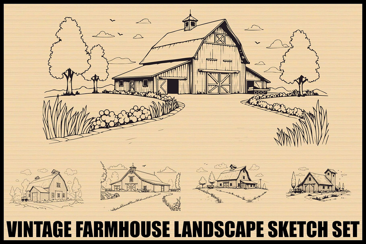 Vintage Farmhouse Sketch Bundle, an Illustration by hafijul (Photo 1 of 7)