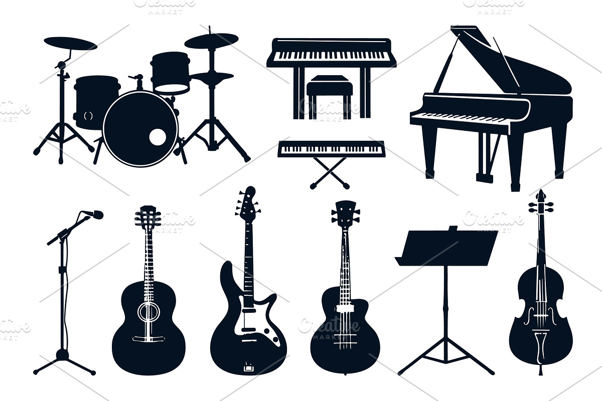 Musical instruments black silhouette, an Object Illustration by Valerie Bodnar
