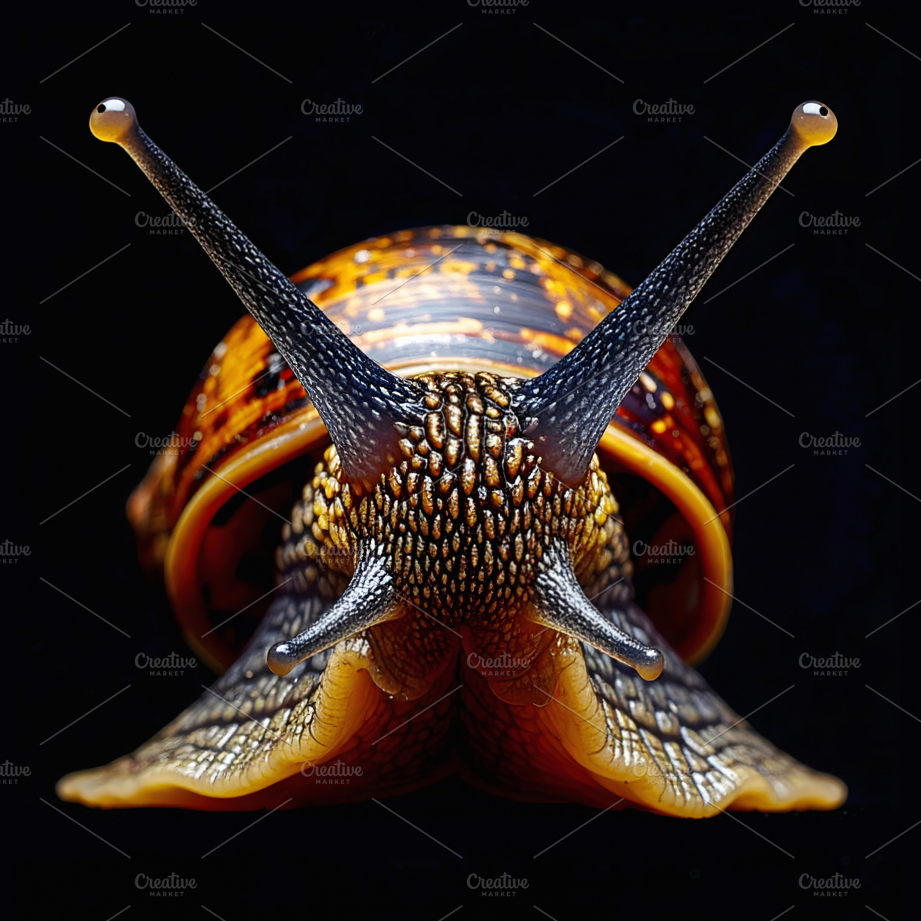 Snail portrait with extended tentacles and patterned glossy shel, an Animal Photo by GoodGoods