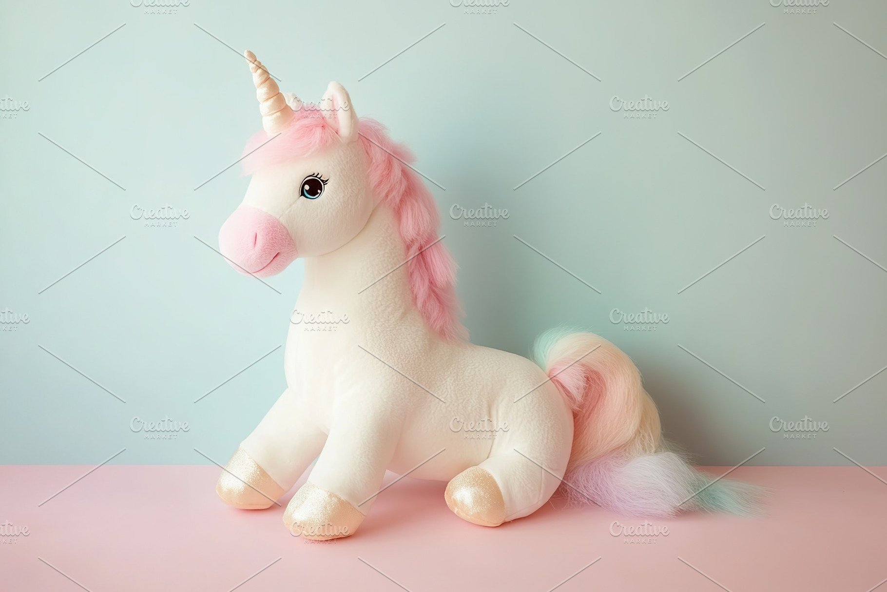 Soft plush unicorn sitting on a pastel surface with a dreamy background design, a Beauty & Fashion Photo by AlyaAnd